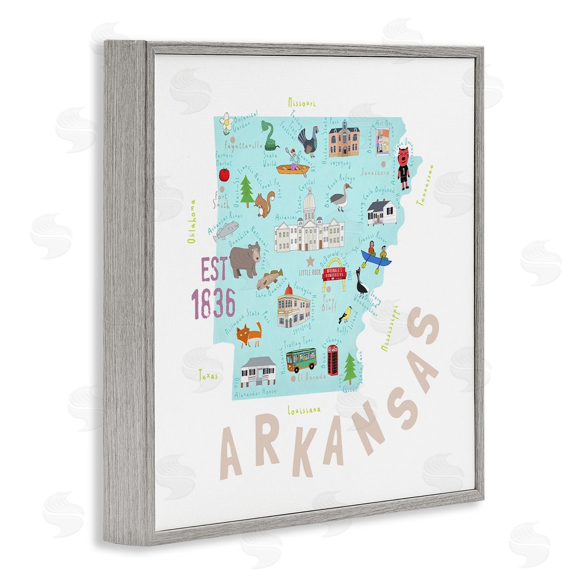 Carla Daly Arkansas Landmark Doodles Map Gray Framed Glicee Wall Art Print
