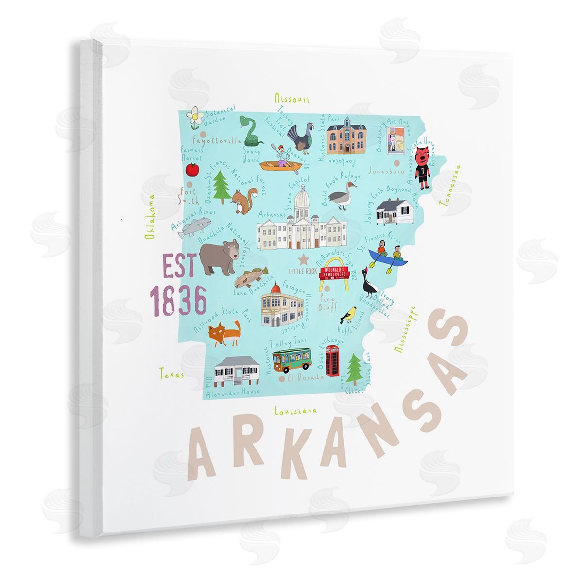 Carla Daly Arkansas Landmark Doodles Map Wooden Wall Plaque Art Print
