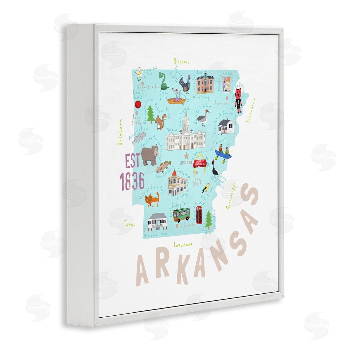 Carla Daly Arkansas Landmark Doodles Map White Framed Glicee Wall Art Print