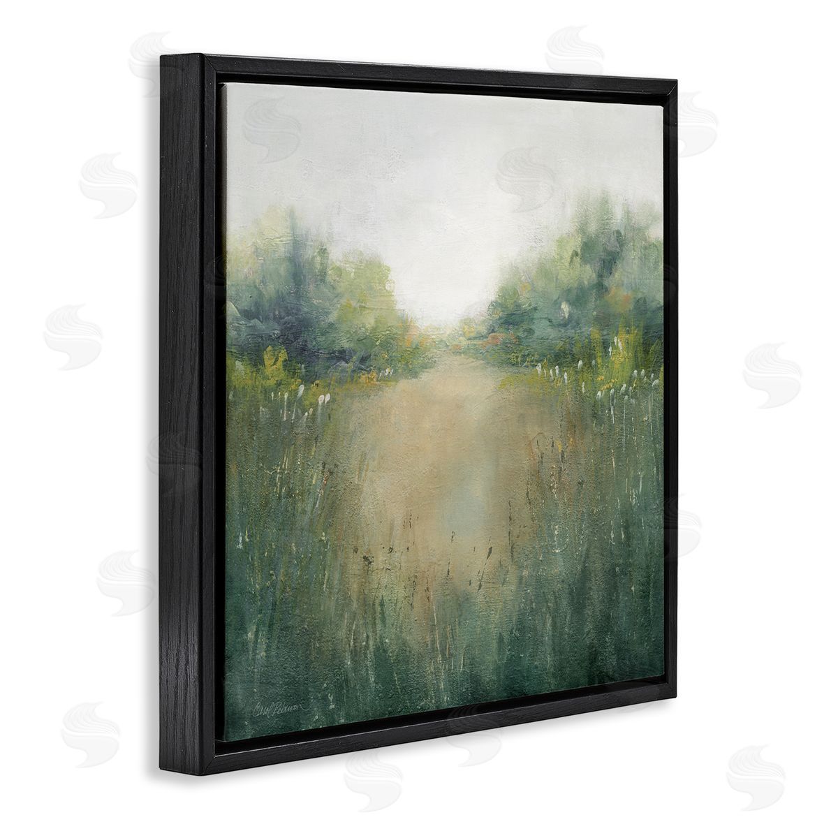 Carol Robinson Green Lush Pond Landscape Painting Black Floating Frame Canvas Wall Art Print