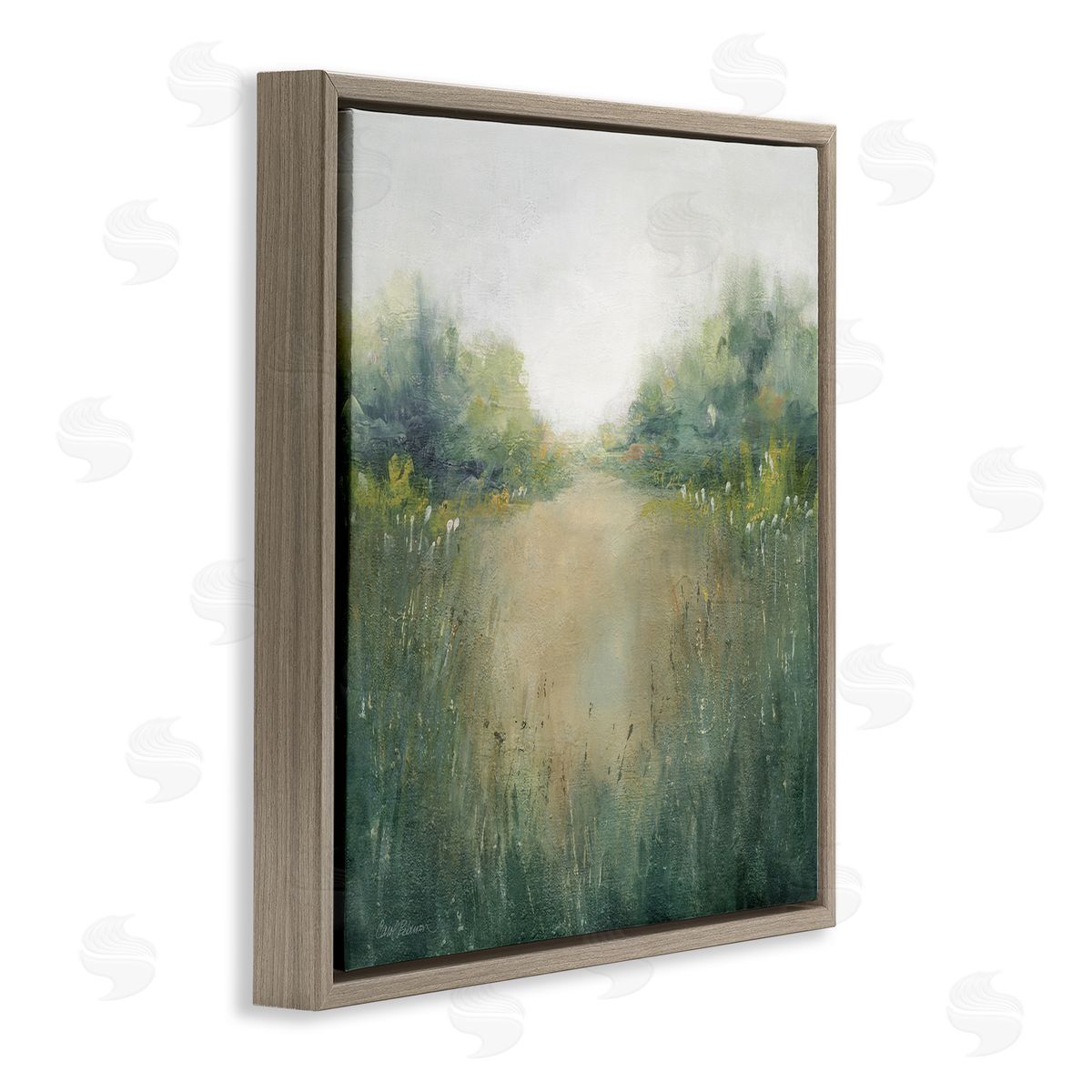 Carol Robinson Green Lush Pond Landscape Painting Brown Floating Frame Canvas Wall Art Print