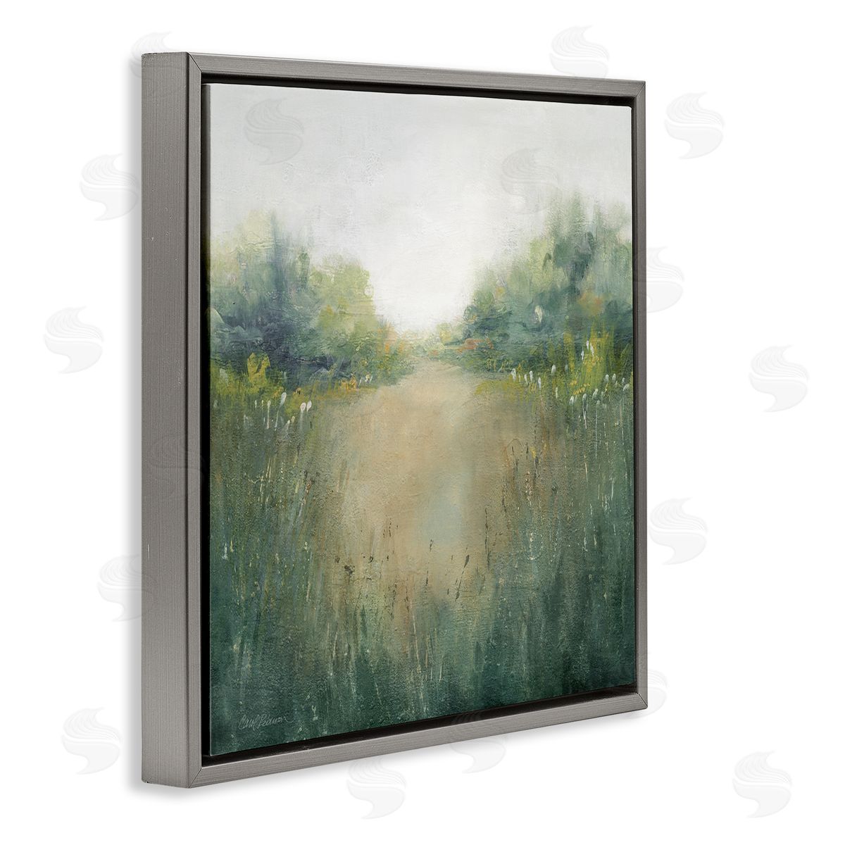 Carol Robinson Green Lush Pond Landscape Painting Gray Floating Frame Canvas Wall Art Print
