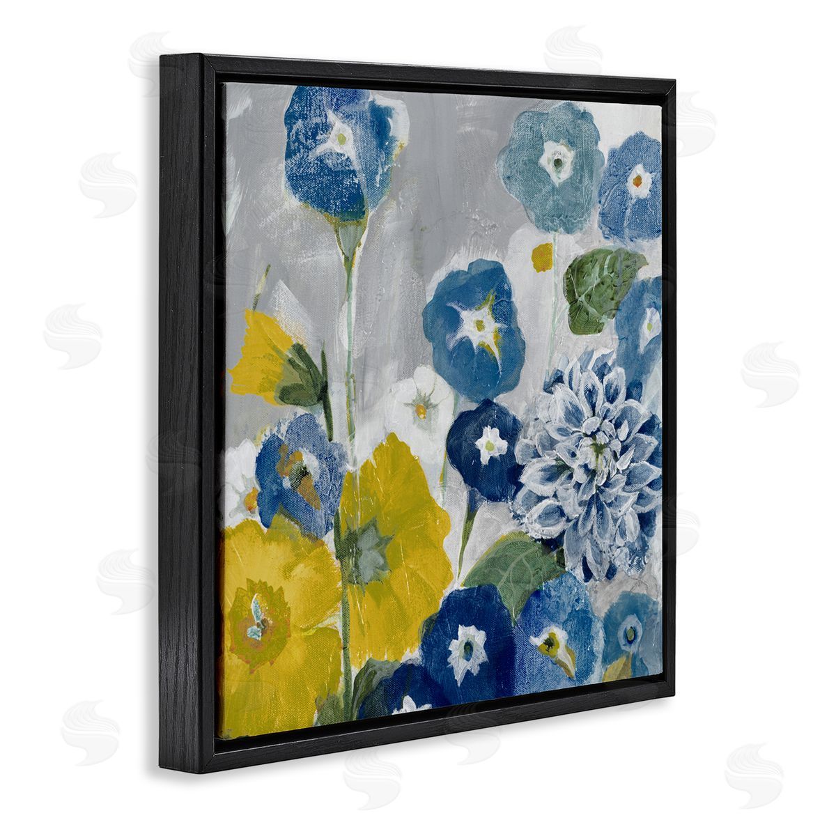 Blue & Yellow Abstract Poppies Black Floating Frame Canvas Wall Art, Home Decor by Jill Martin