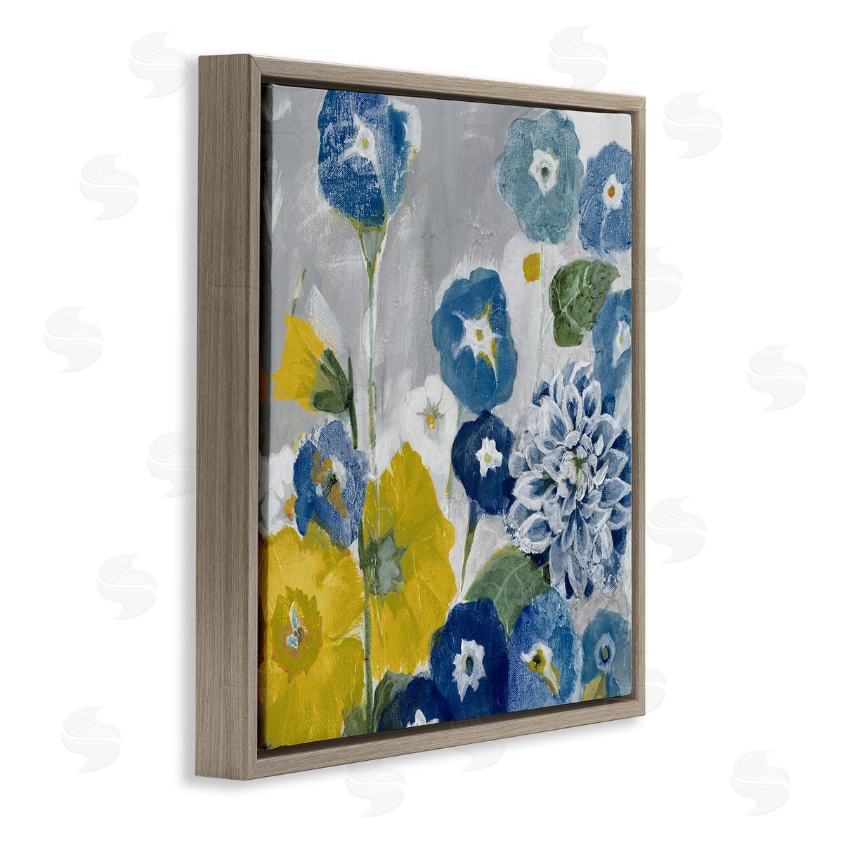 Blue & Yellow Abstract Poppies Brown Floating Frame Canvas Wall Art, Home Decor by Jill Martin