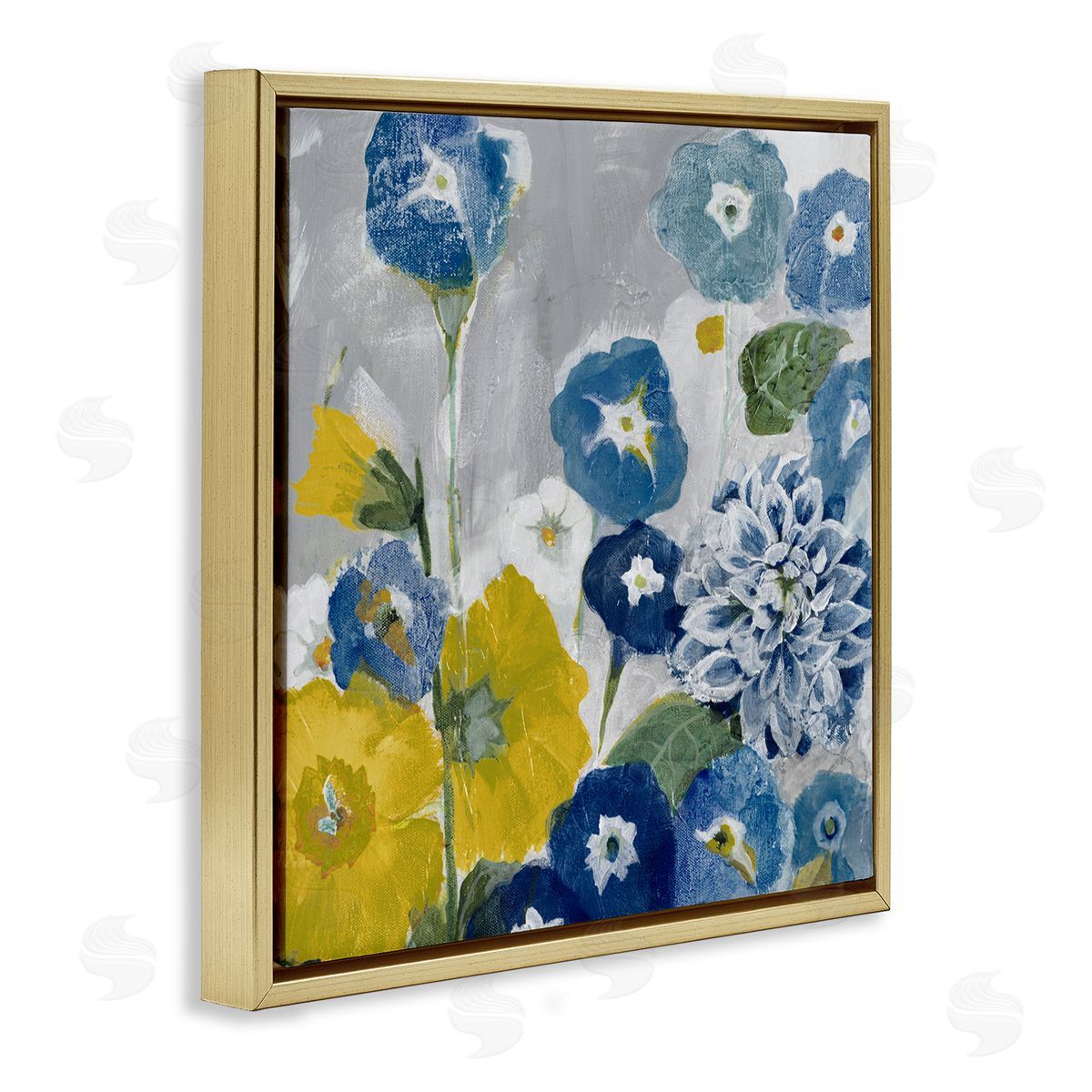 Blue & Yellow Abstract Poppies Gold Floating Frame Canvas Wall Art, Home Decor by Jill Martin