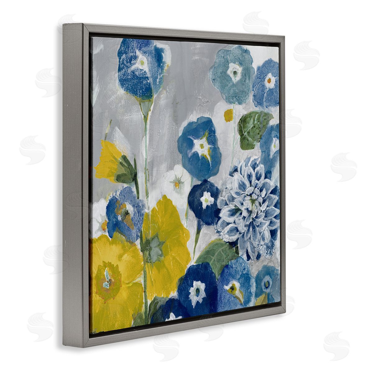 Blue & Yellow Abstract Poppies Grey Floating Frame Canvas Wall Art, Home Decor by Jill Martin