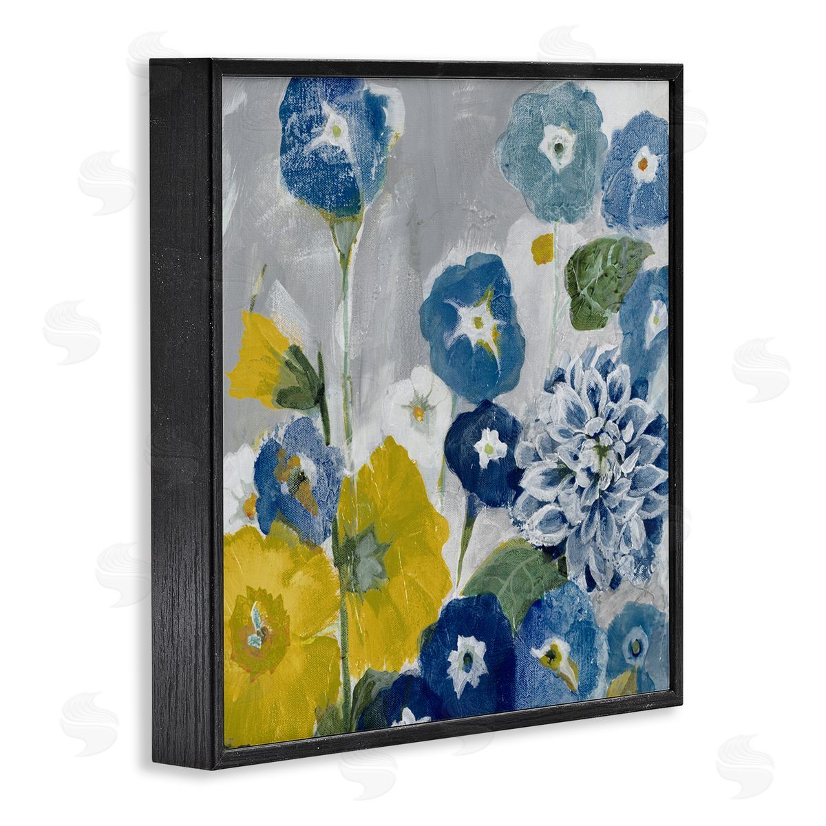 Blue & Yellow Abstract Poppies Black Frame Print Wall Art, Home Decor by Jill Martin