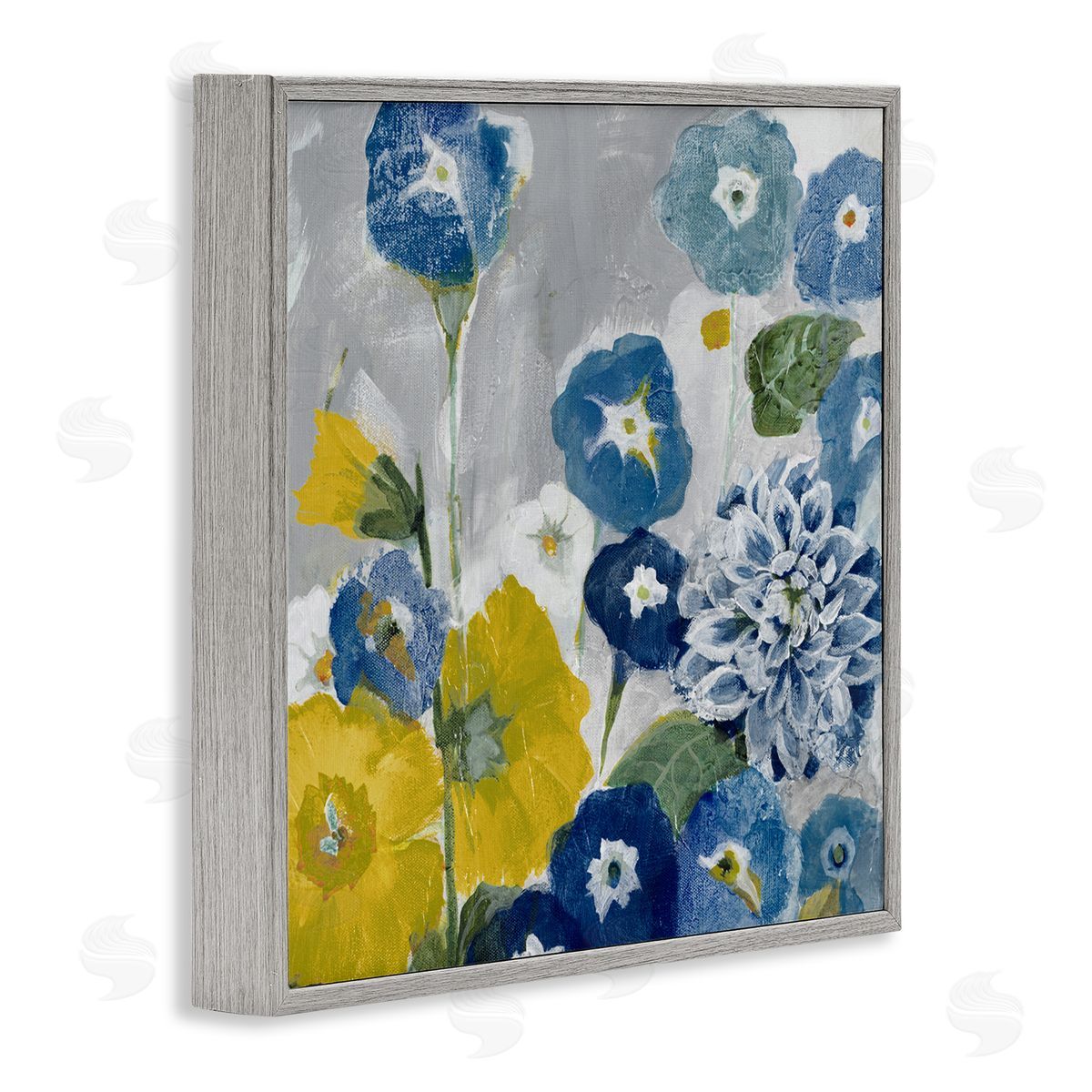 Blue & Yellow Abstract Poppies Grey Frame Print Wall Art, Home Decor by Jill Martin
