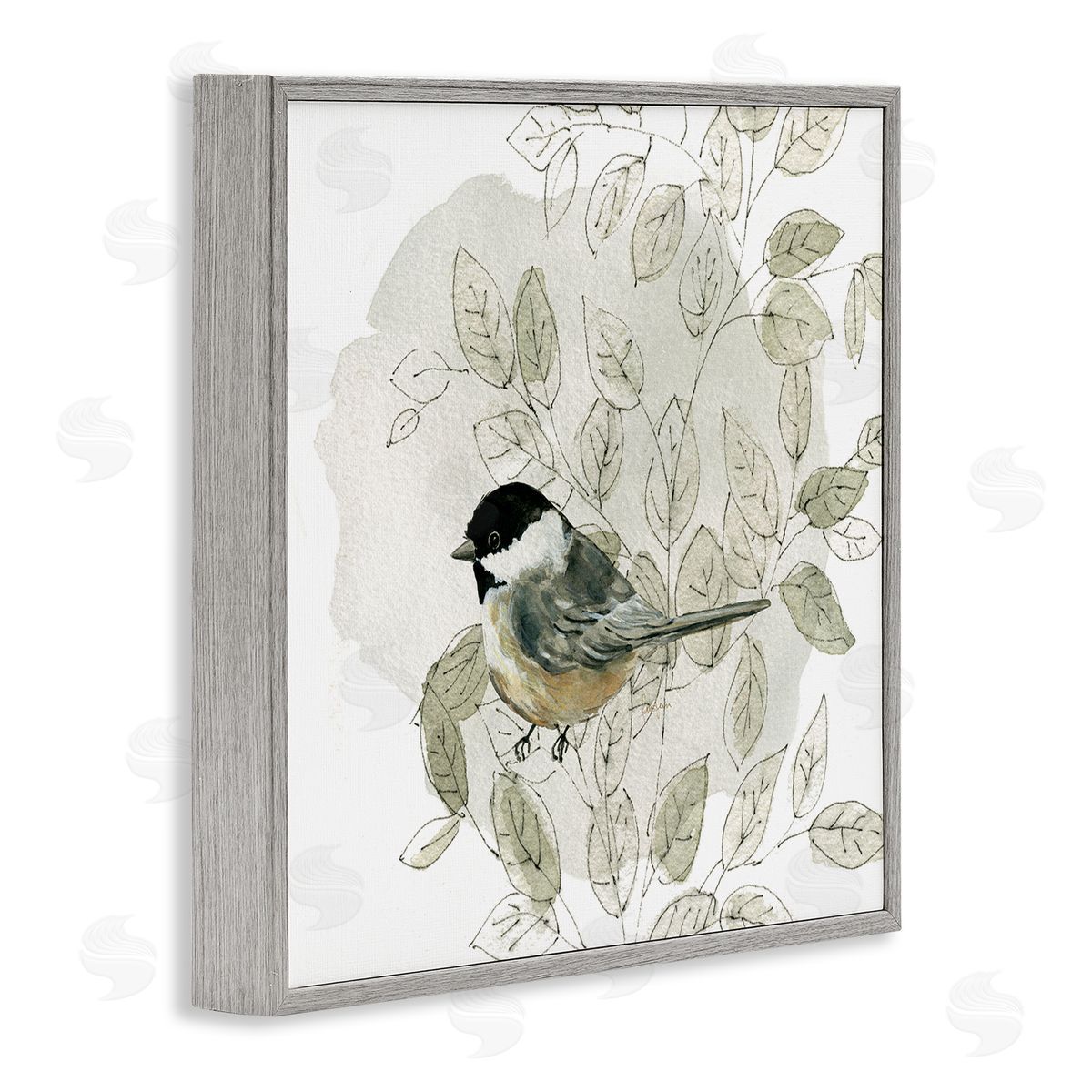 Livi Finn Bird Perched Soft Cottage Plant Gray Framed Glicee Wall Art Print