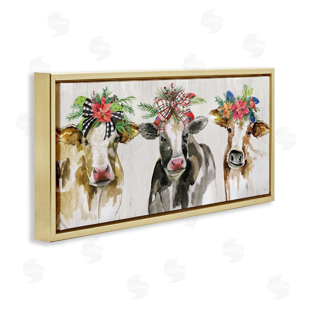 Three Cows Seasonal Floral Crowns Gold Floating Frame Canvas Wall Art, Home Decor by Nan