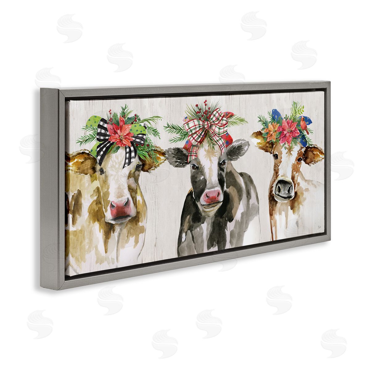 Three Cows Seasonal Floral Crowns Grey Floating Frame Canvas Wall Art, Home Decor by Nan