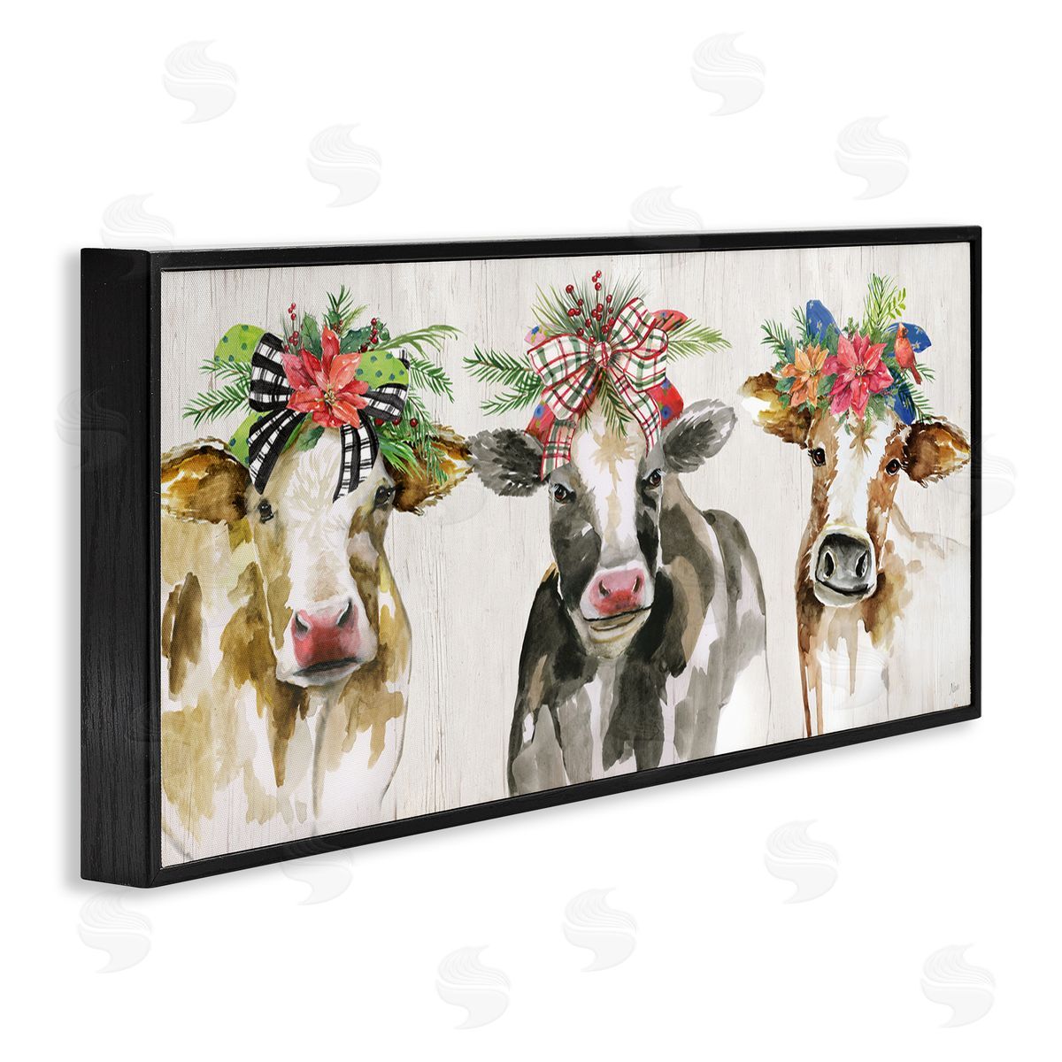 Three Cows Seasonal Floral Crowns Black Frame Print Wall Art, Home Decor by Nan