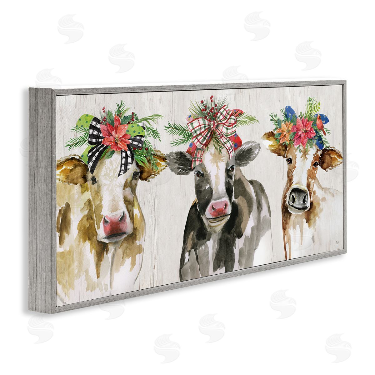 Three Cows Seasonal Floral Crowns Grey Frame Print Wall Art, Home Decor by Nan