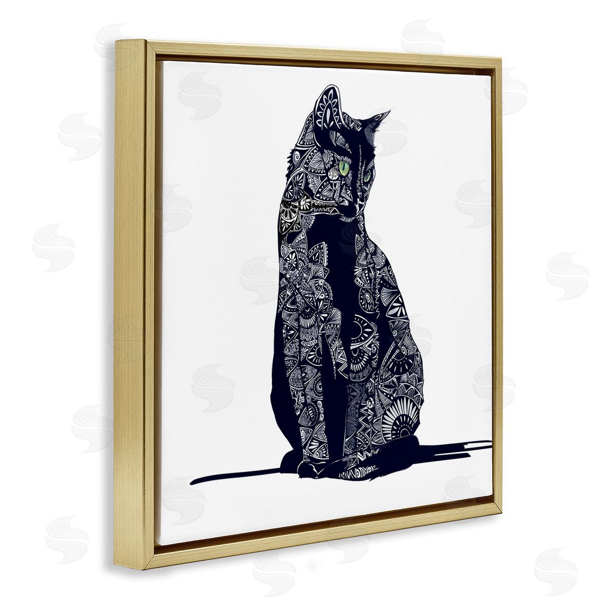 Emily Kalina Fractal Patterned Black Cat Gold Floating Frame Canvas Wall Art Print