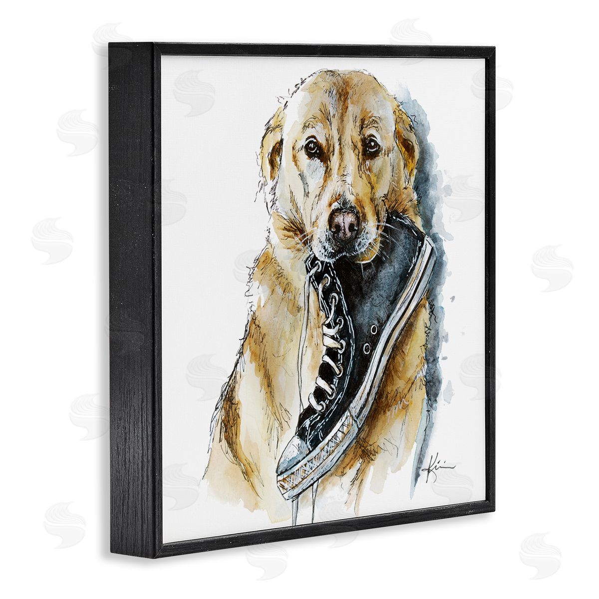 Lindsay Kivi Fine Art Golden Retriever Biting Sneaker Black Framed Glicee Wall Art Print