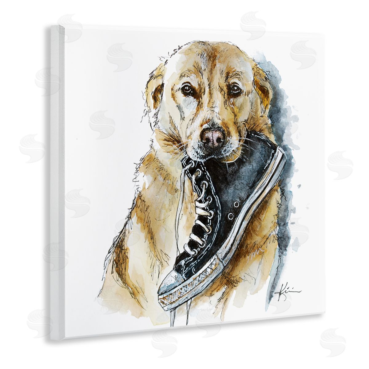 Lindsay Kivi Fine Art Golden Retriever Biting Sneaker Wooden Wall Plaque Art Print