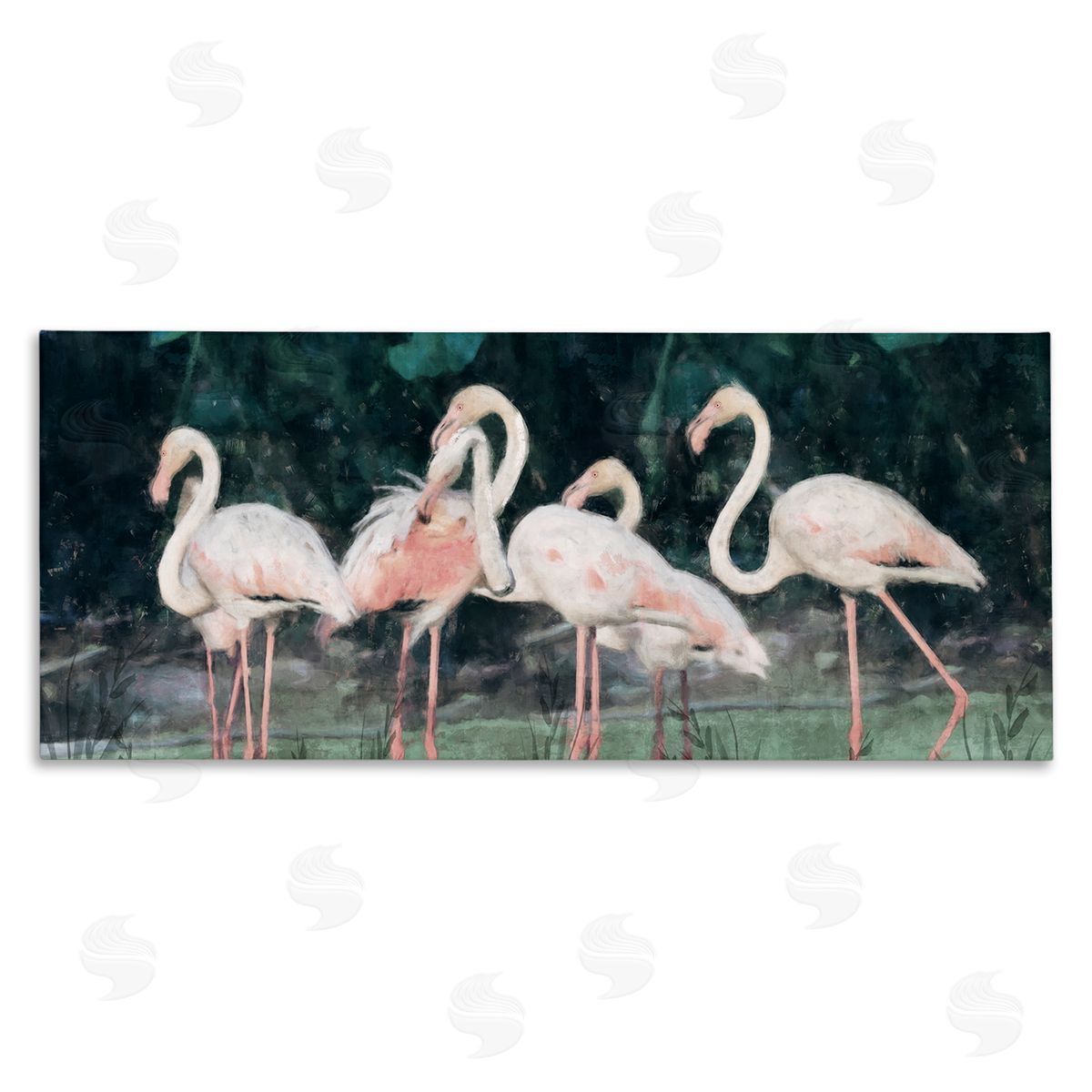 Nina Blue Flamingos In Green Nature Swamp Stretched Canvas Wall Art Print