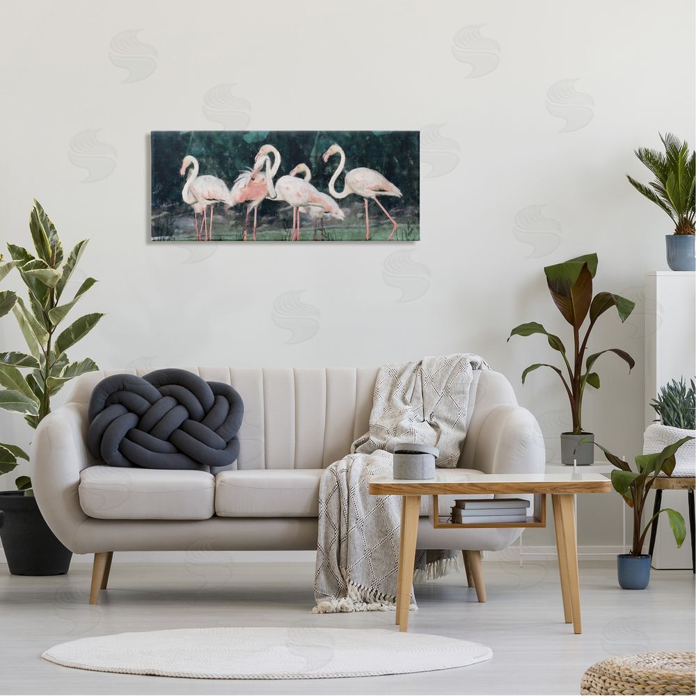 Nina Blue Flamingos In Green Nature Swamp Canvas Wall Art in Room