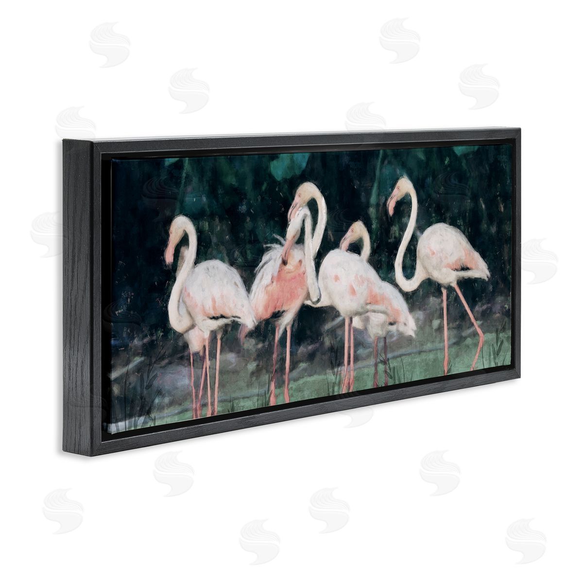 Nina Blue Flamingos In Green Nature Swamp Black Floating Frame Canvas Wall Art Print