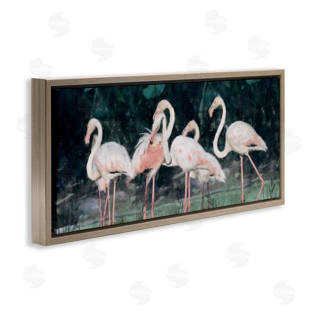 Nina Blue Flamingos In Green Nature Swamp Brown Floating Frame Canvas Wall Art Print