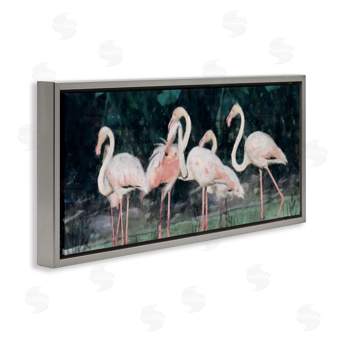 Nina Blue Flamingos In Green Nature Swamp Gray Floating Frame Canvas Wall Art Print