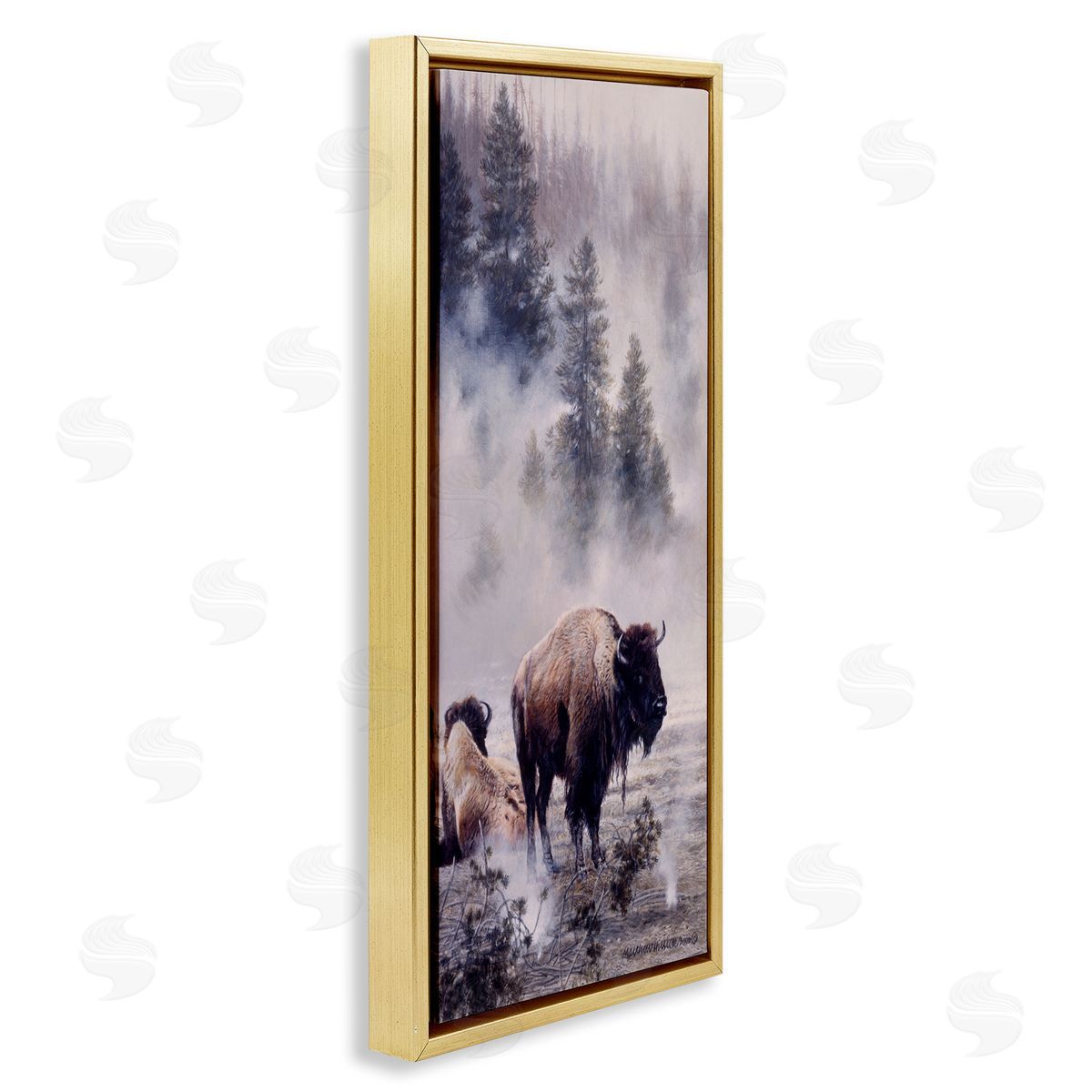 Matthew Hillier Bison Foggy Woodland Nature Gold Floating Frame Canvas Wall Art Print