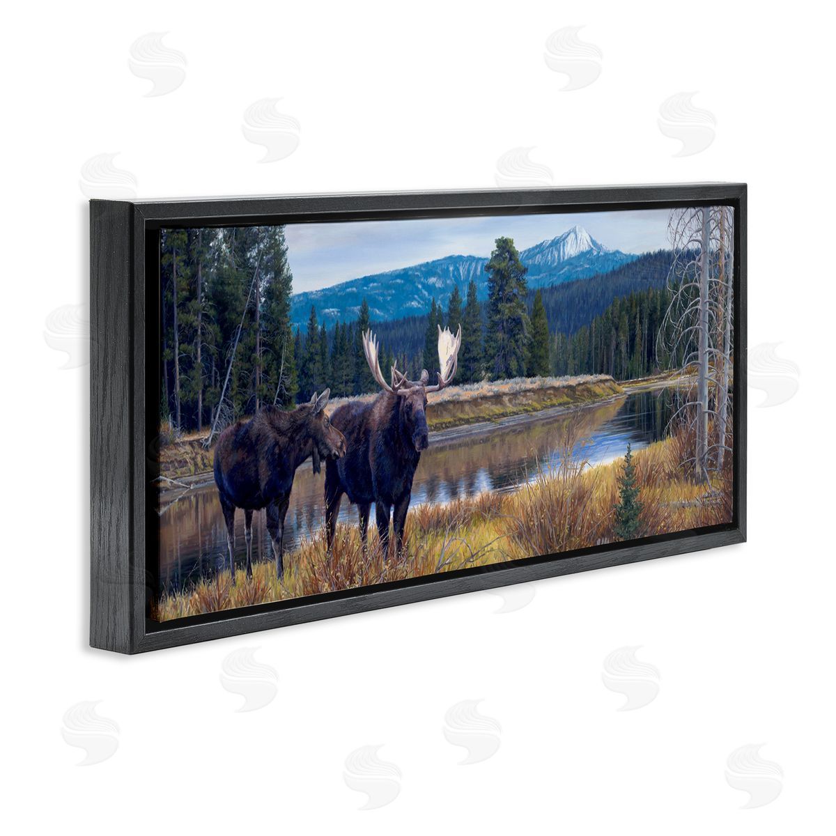 David Graham Moose in River Mountain Scene Black Floating Frame Canvas Wall Art Print