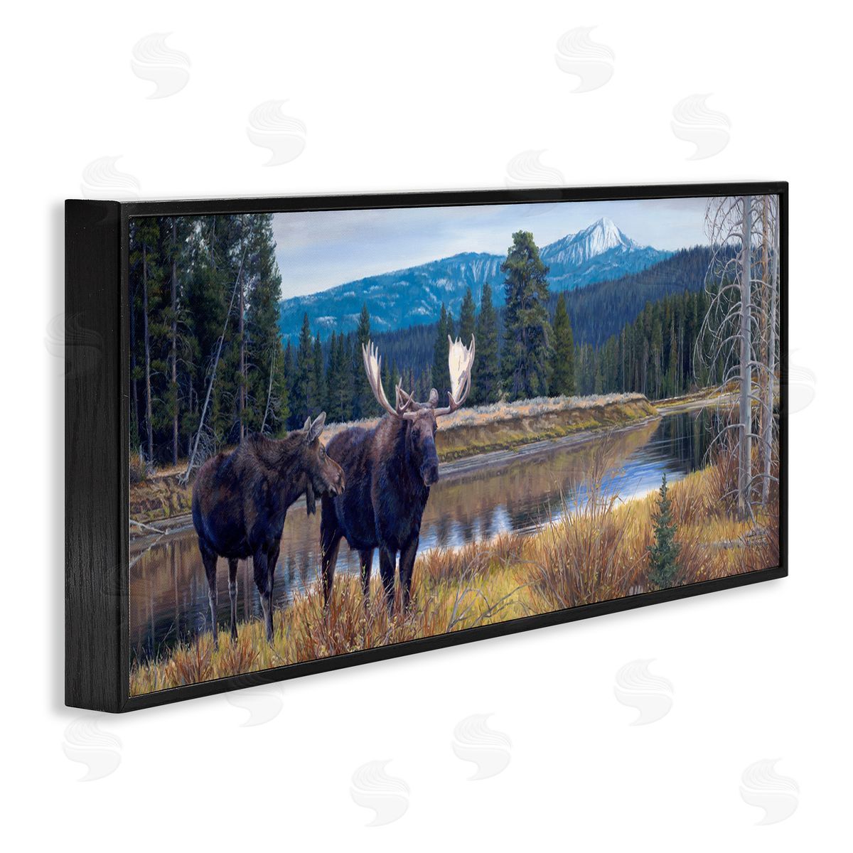 David Graham Moose in River Mountain Scene Black Framed Glicee Wall Art Print