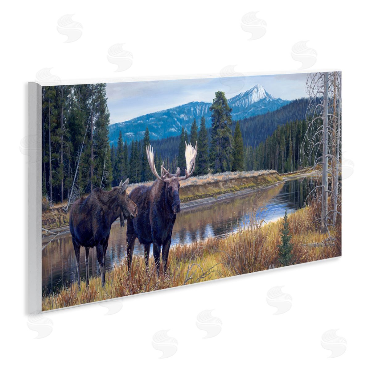 David Graham Moose in River Mountain Scene Wooden Wall Plaque Art Print