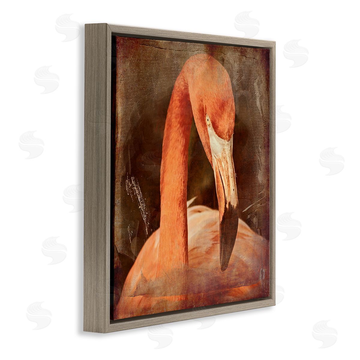 Graffitee Studios Vintage Flamingo Animal Portrait Brown Floating Frame Canvas Wall Art Print