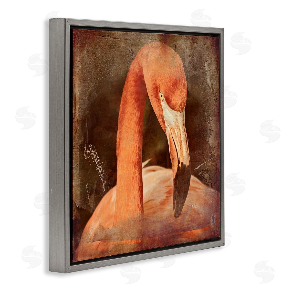 Graffitee Studios Vintage Flamingo Animal Portrait Gray Floating Frame Canvas Wall Art Print