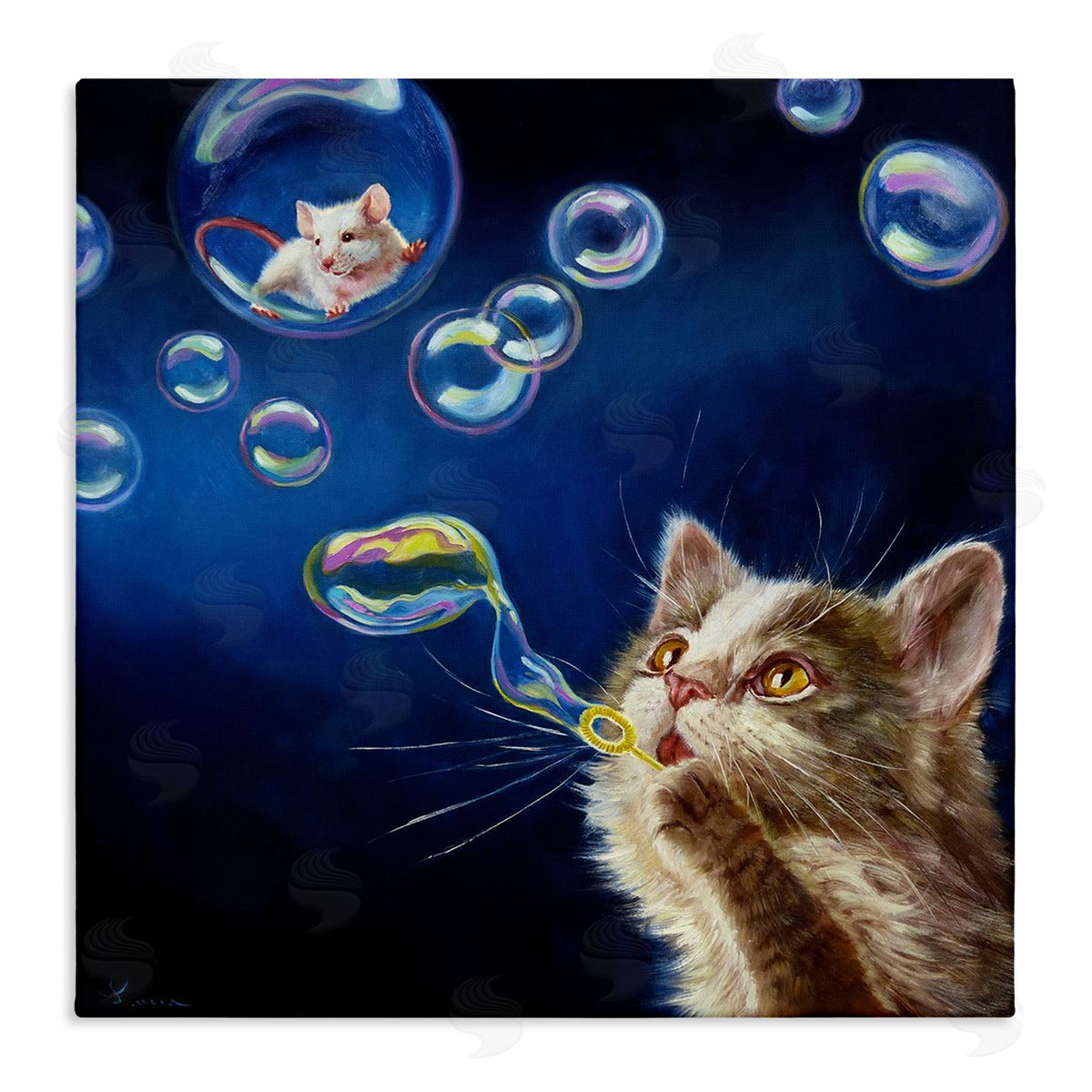 Lucia Heffernan Cat & Mouse Blowing Bubbles Stretched Canvas Wall Art Print