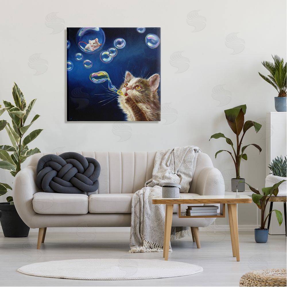 Lucia Heffernan Cat & Mouse Blowing Bubbles Canvas Wall Art in Room