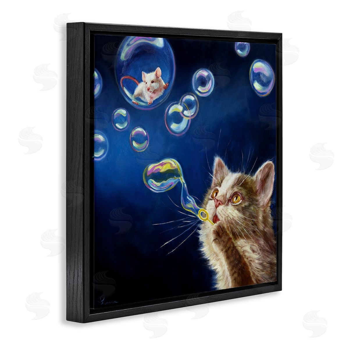 Lucia Heffernan Cat & Mouse Blowing Bubbles Black Floating Frame Canvas Wall Art Print
