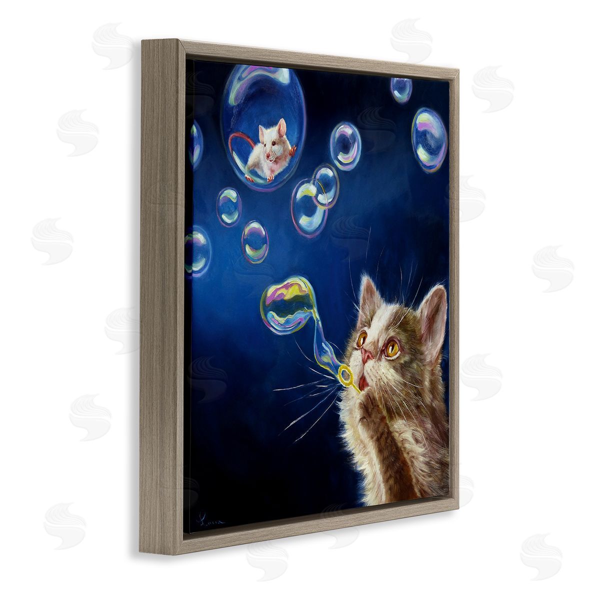 Lucia Heffernan Cat & Mouse Blowing Bubbles Brown Floating Frame Canvas Wall Art Print