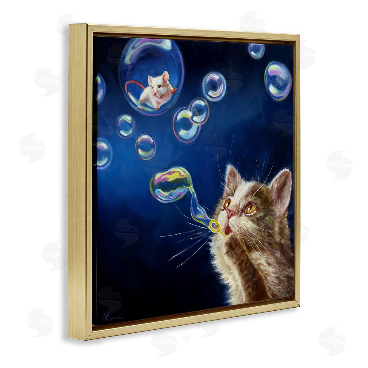 Lucia Heffernan Cat & Mouse Blowing Bubbles Gold Floating Frame Canvas Wall Art Print