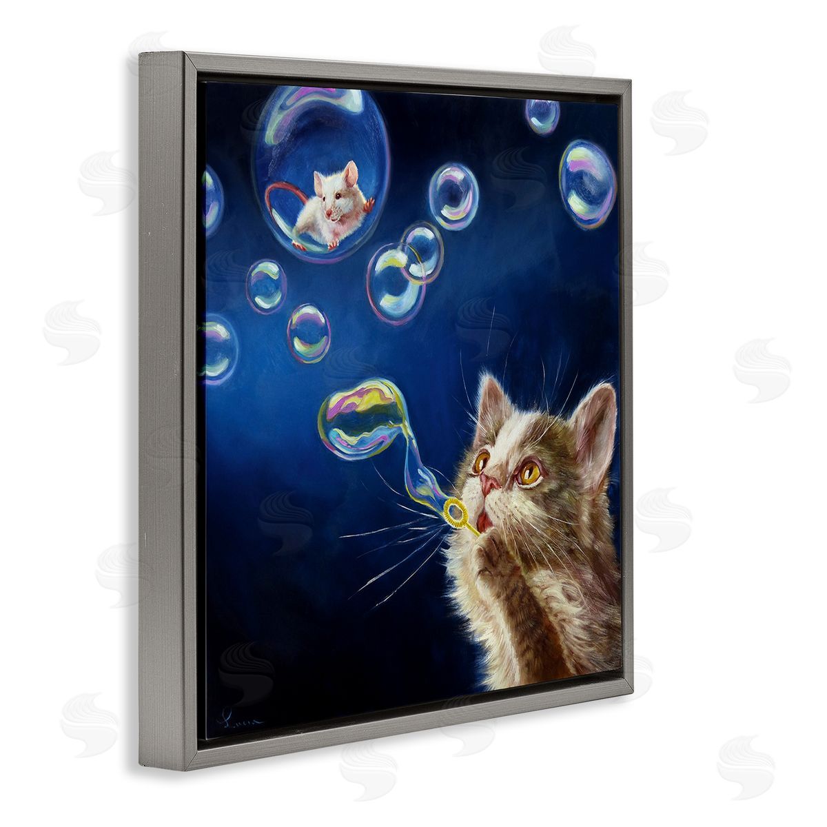 Lucia Heffernan Cat & Mouse Blowing Bubbles Gray Floating Frame Canvas Wall Art Print