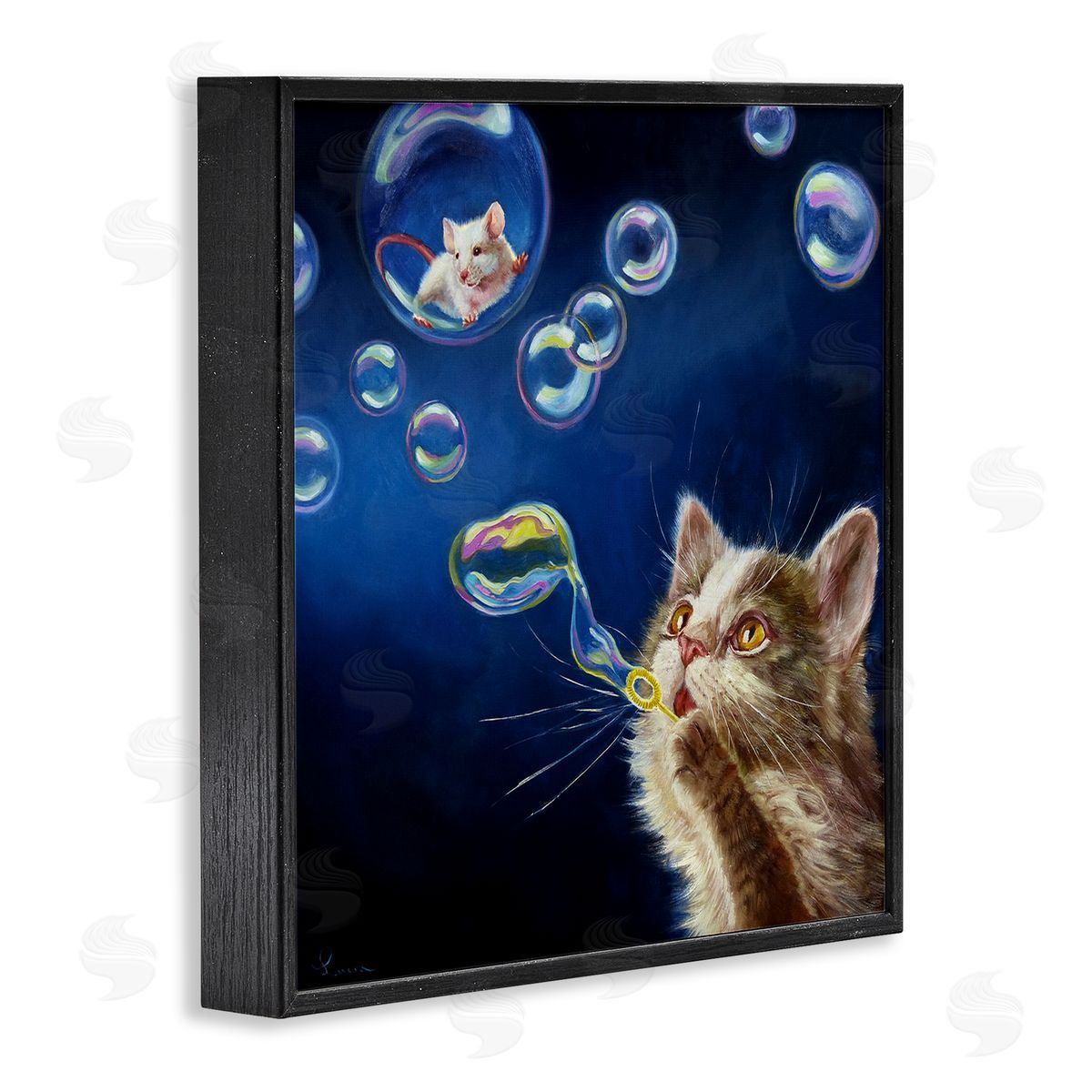 Lucia Heffernan Cat & Mouse Blowing Bubbles Black Framed Glicee Wall Art Print