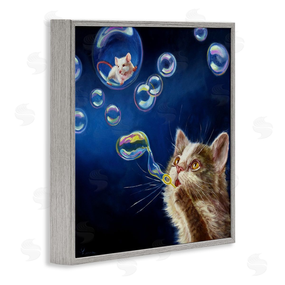 Lucia Heffernan Cat & Mouse Blowing Bubbles Gray Framed Glicee Wall Art Print