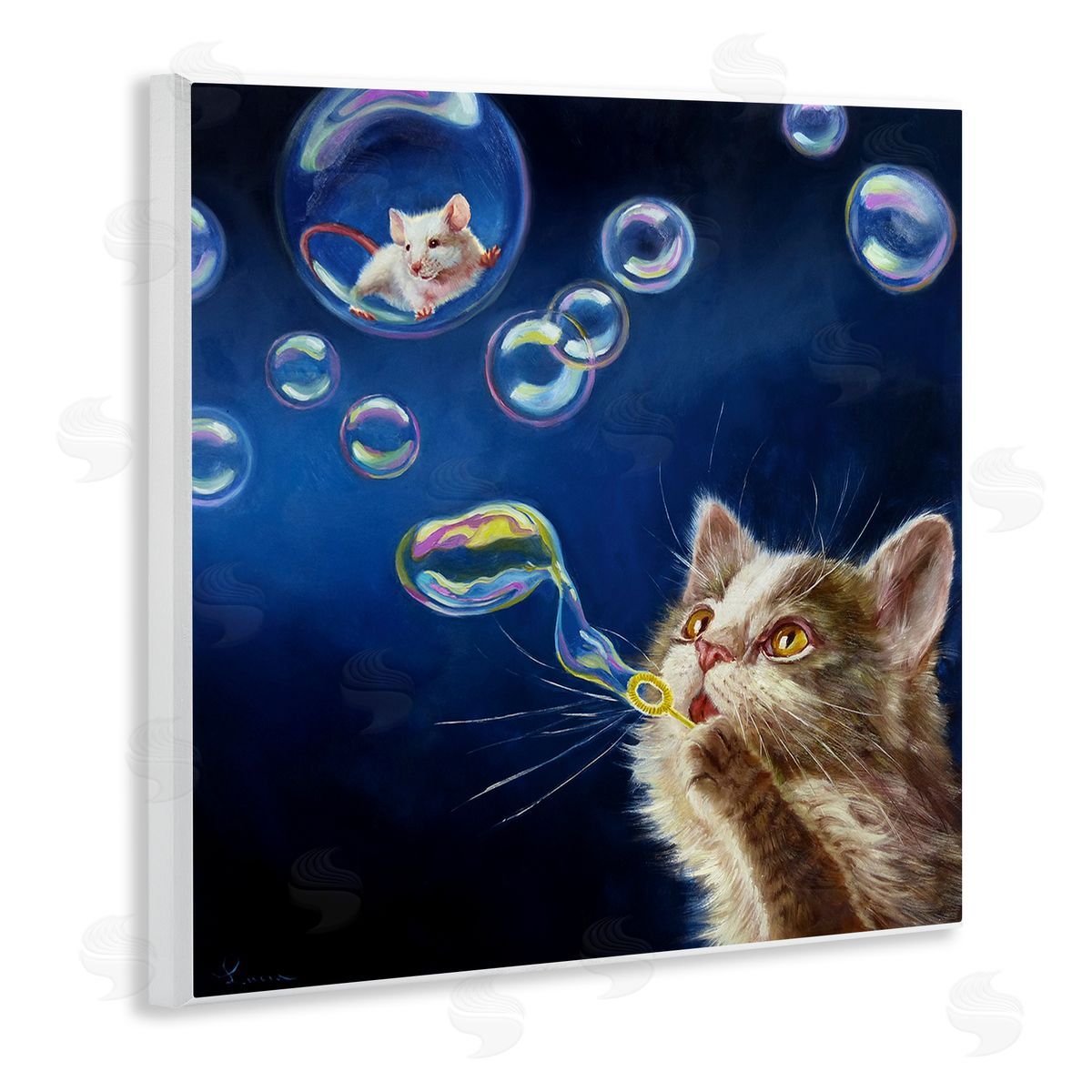 Lucia Heffernan Cat & Mouse Blowing Bubbles Wooden Wall Plaque Art Print