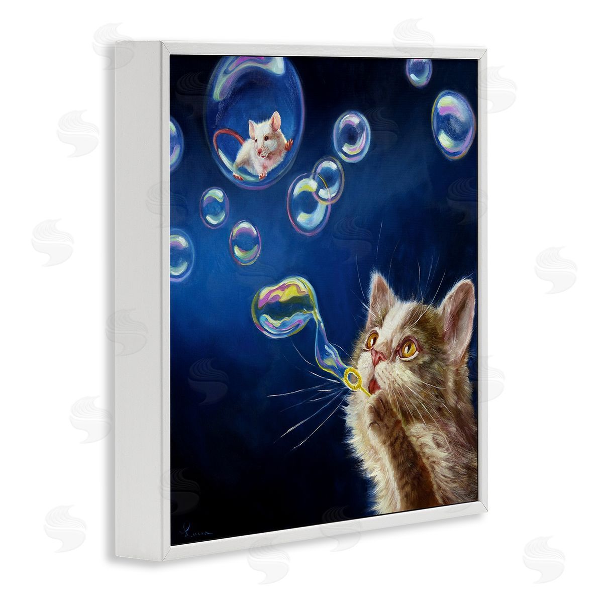 Lucia Heffernan Cat & Mouse Blowing Bubbles White Framed Glicee Wall Art Print