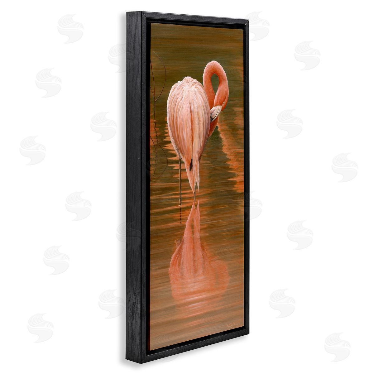 Jeremy Paul Flamingo Preening Water Reflection Black Floating Frame Canvas Wall Art Print