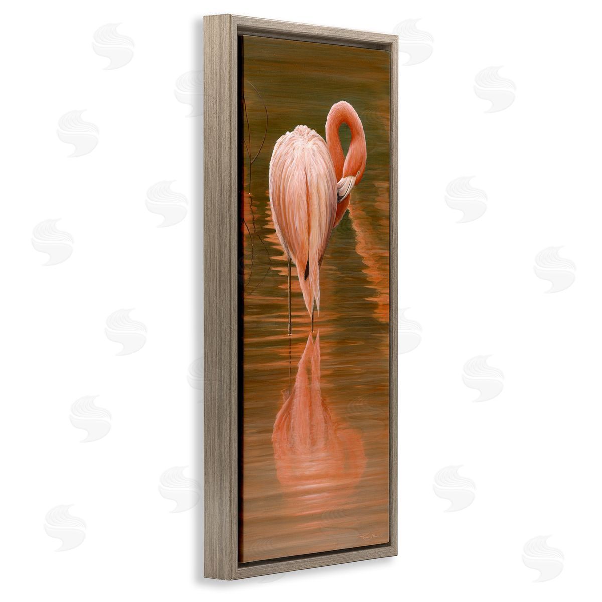 Jeremy Paul Flamingo Preening Water Reflection Brown Floating Frame Canvas Wall Art Print