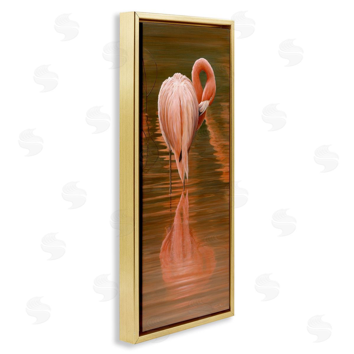 Jeremy Paul Flamingo Preening Water Reflection Gold Floating Frame Canvas Wall Art Print