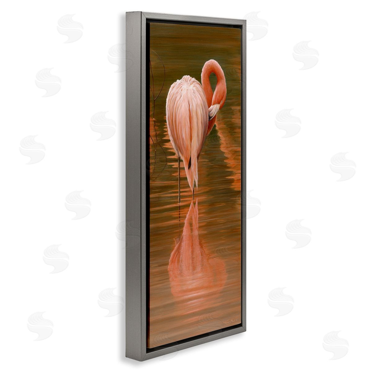 Jeremy Paul Flamingo Preening Water Reflection Gray Floating Frame Canvas Wall Art Print
