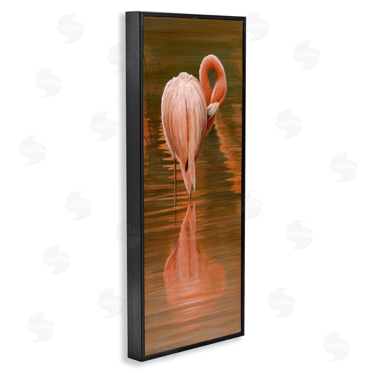 Jeremy Paul Flamingo Preening Water Reflection Black Framed Glicee Wall Art Print