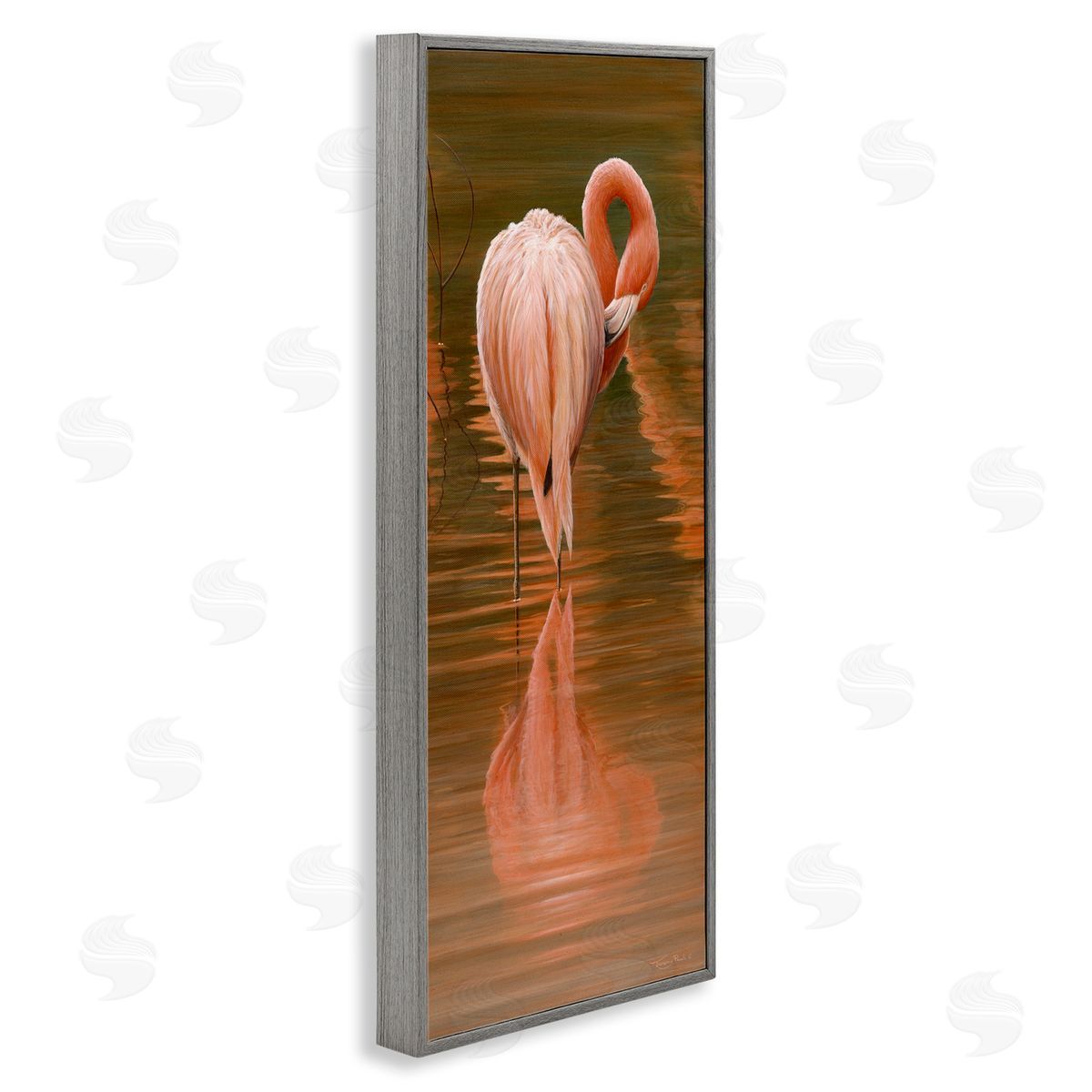 Jeremy Paul Flamingo Preening Water Reflection Gray Framed Glicee Wall Art Print