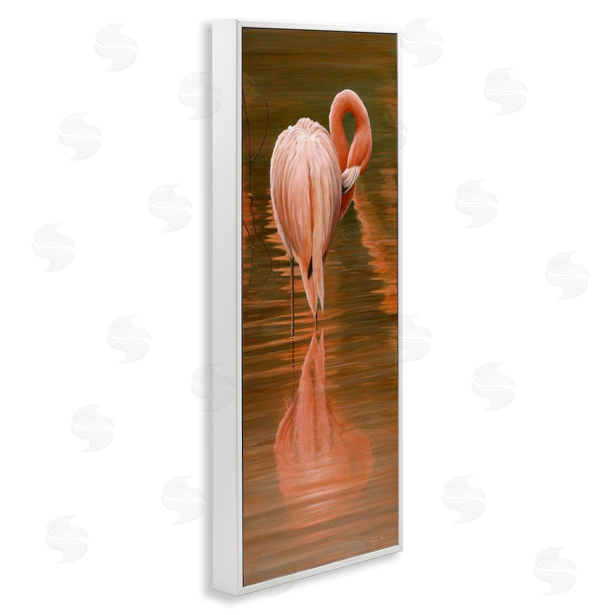 Jeremy Paul Flamingo Preening Water Reflection White Framed Glicee Wall Art Print
