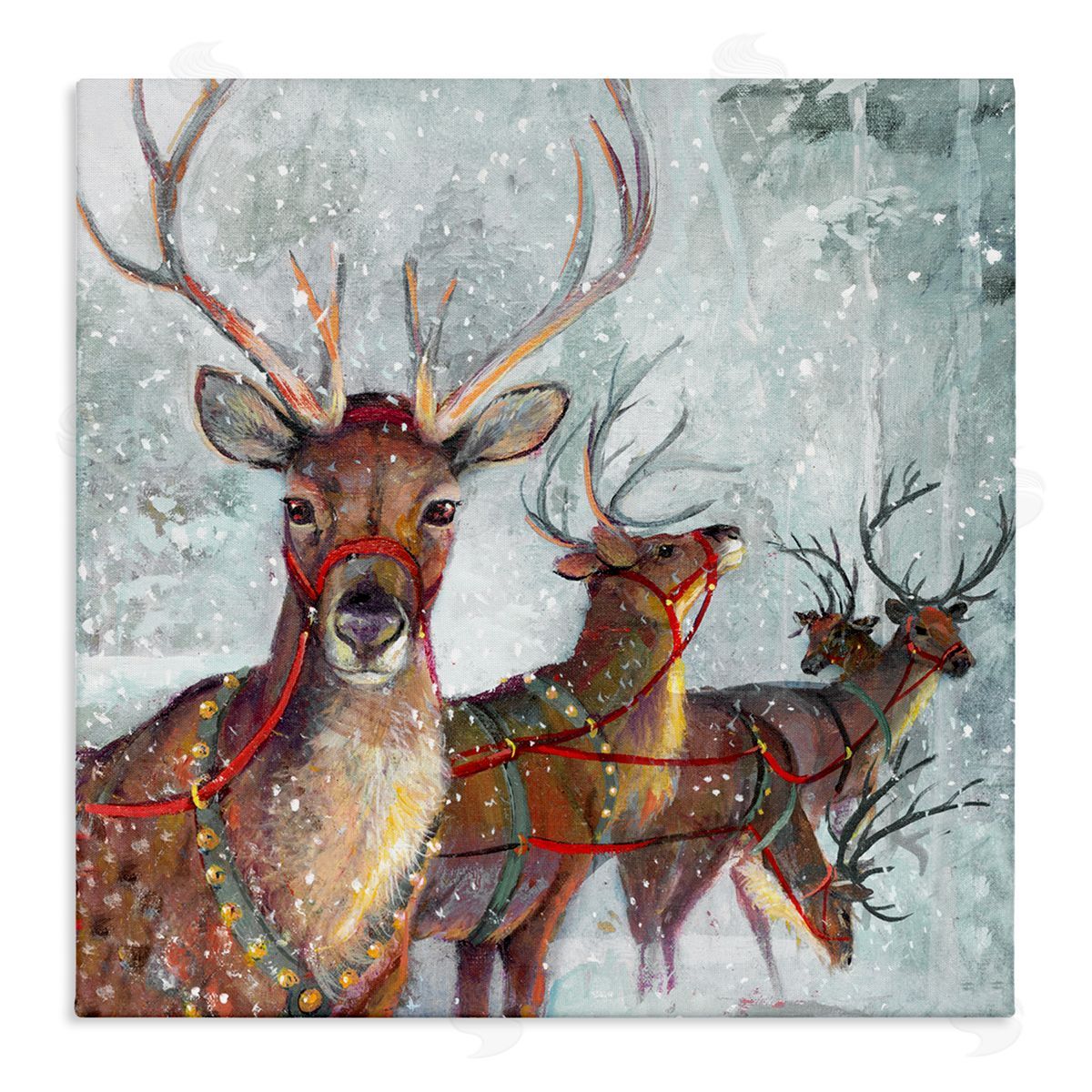 Winter Reindeer Holiday Landscape Canvas Wall Art, Home Decor by Ruane Manning