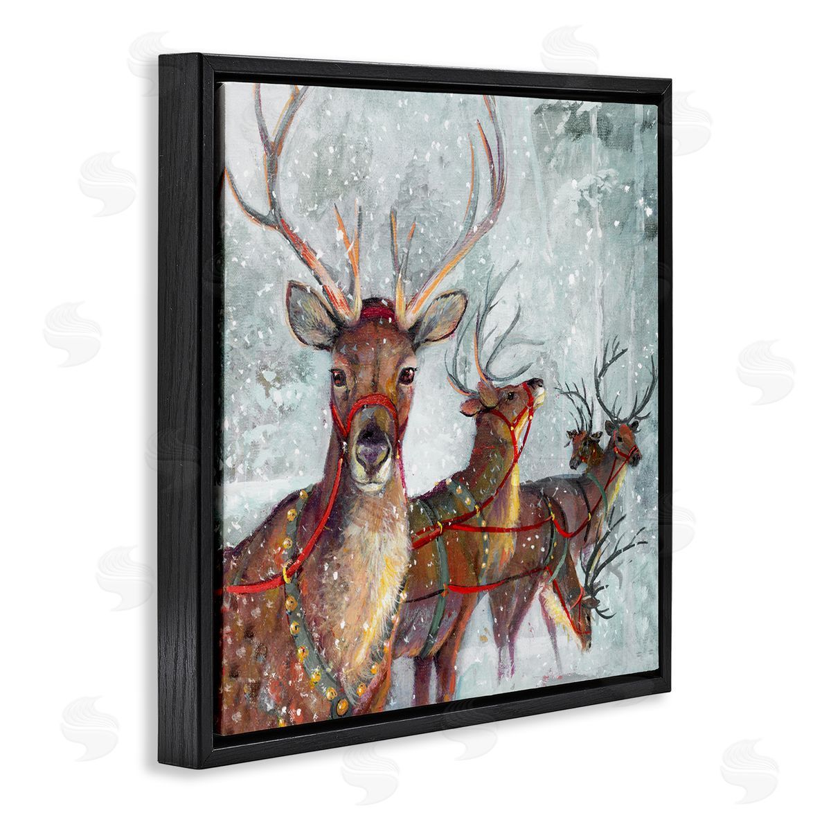 Winter Reindeer Holiday Landscape Black Floating Frame Canvas Wall Art, Home Decor by Ruane Manning